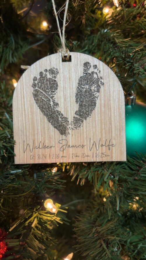 CUSTOM LASER ENGRAVED FOOTPRINT AND BIRTH STATS ORNAMENT