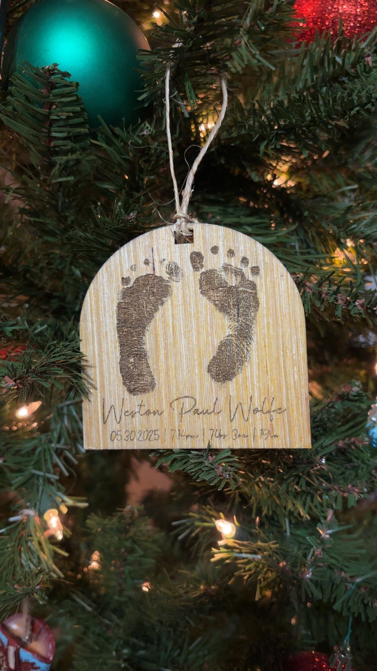 CUSTOM LASER ENGRAVED FOOTPRINT AND BIRTH STATS ORNAMENT